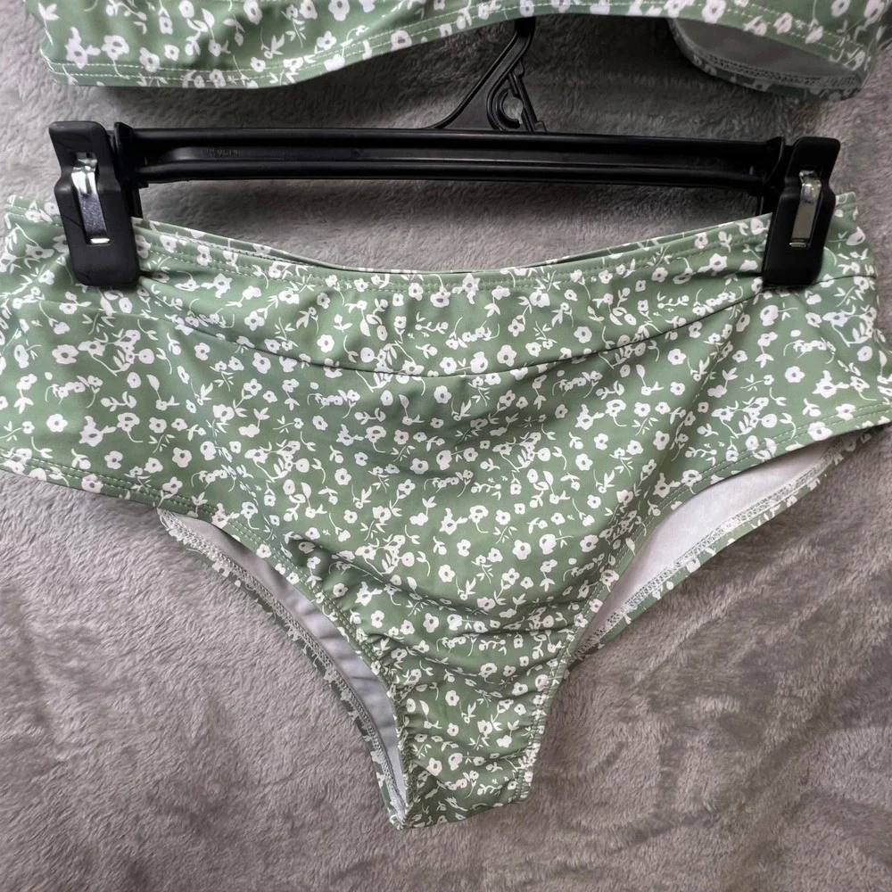 Sage Green Floral Ditsy High‎ Waisted Bikini Set V-Neck Twist Front Two-Piece